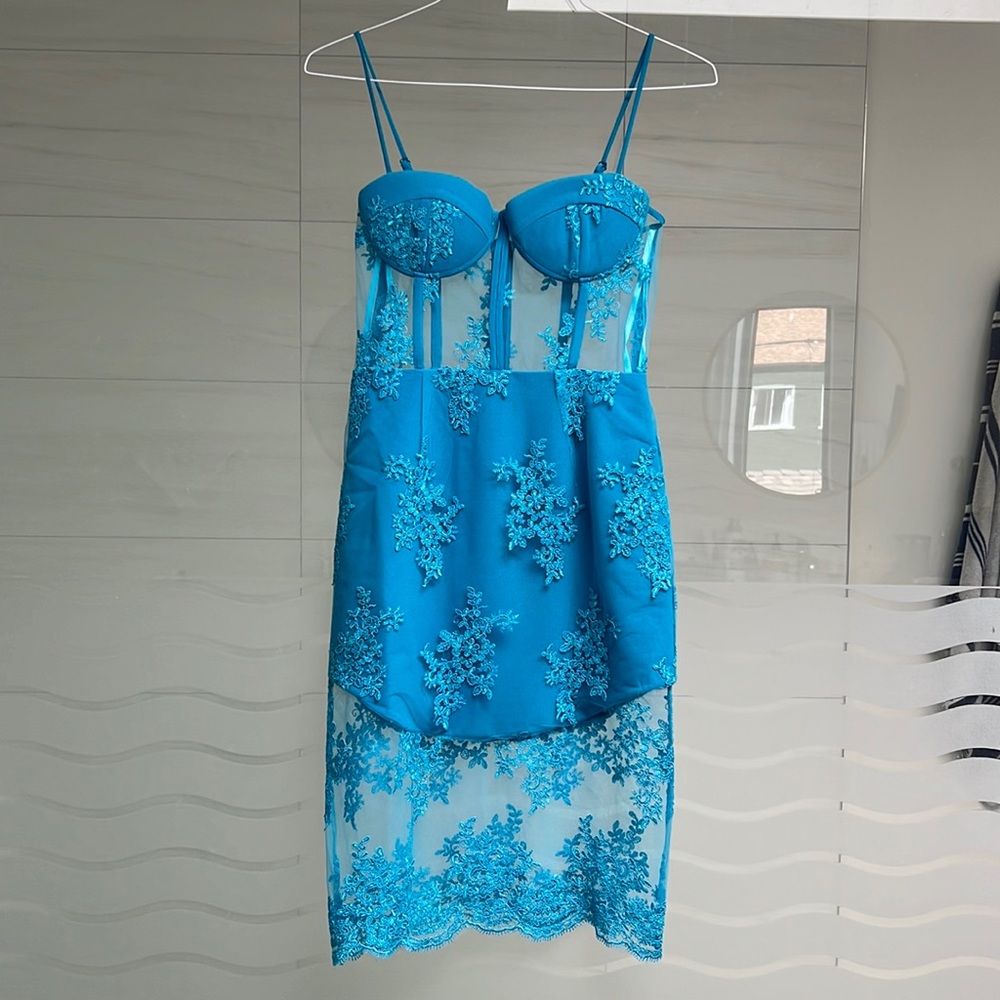 NBD Turquoise Blue Lace Midi Dress
